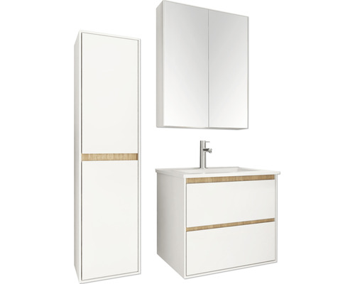 Kúpeľňová zostava s umývadlovou skrinkou, zrkadlovou skrinkou a vysokou skriňou