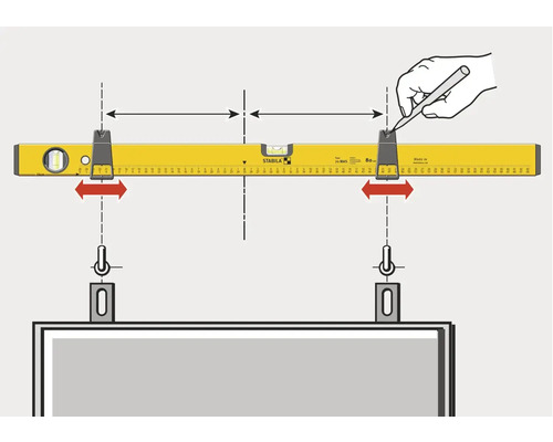 Ilustrácia vodováhy s posuvnými závesmi pre presné vyrovnanie obrazov
