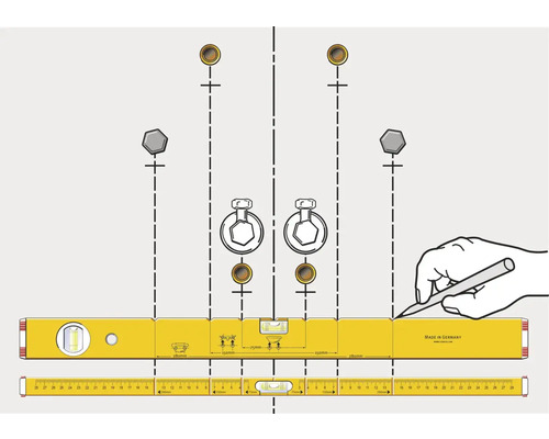 Ilustrácia vodováhy s označením pre montáž na stenu