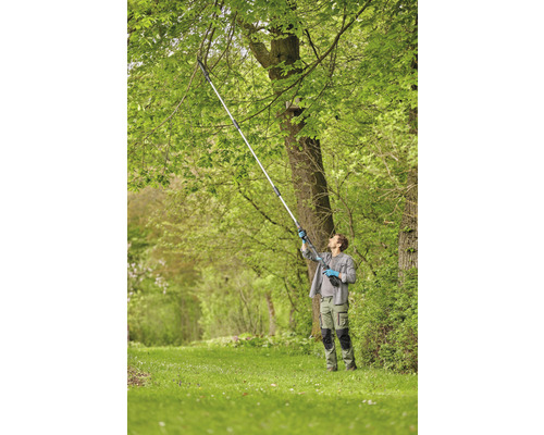 Muž strihá konáre na strome pomocou tyčovej píly.