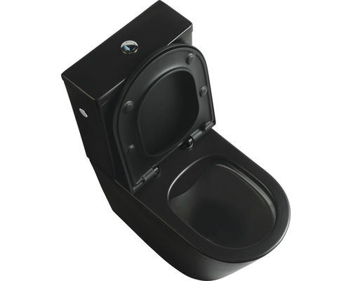 Čierna keramická toaleta so splachovacou nádržkou a otvoreným záchodovým sedadlom