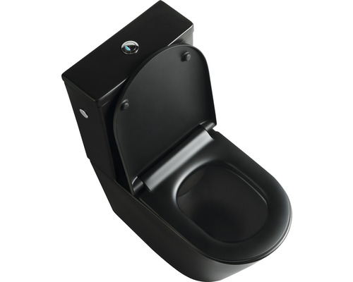 Čierna stojaca toaleta s nádržkou a otvoreným záchodovým vekom