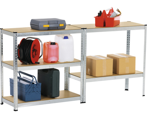 Regálový systém s boxom na náradie, káblovým bubnom, kanistrami a kartónmi