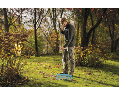 Muž hrablem hrabe lístie v záhrade.