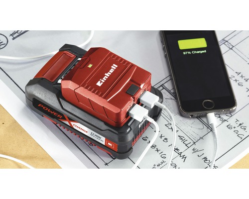 Adaptér batérie Einhell Power X-Change s dvoma portami USB a nabitým smartfónom