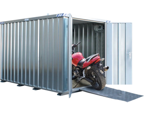 Kovový záhradný domček s motorkou a rampou