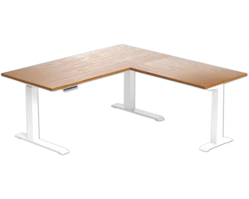 Rohový stôl s drevenou doskou a výškovo nastaviteľným bielym rámom