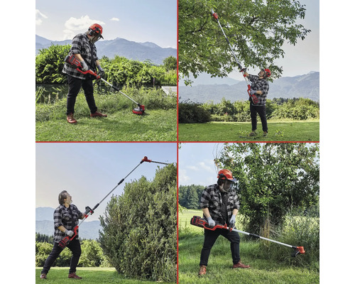 Montáž osôb používajúcich akumulátorový vyžínač a akumulátorové teleskopické nožnice na živý plot v záhrade
