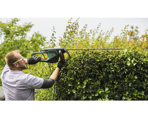 Muž strihá živý plot pomocou nožníc na živý plot