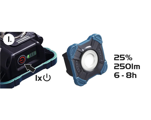 Pracovná lampa s indikátorom batérie, 25 percent jasu, 250 lúmenov a 6 až 8 hodín prevádzky