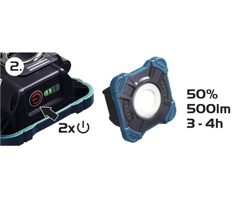 Akumulátorové pracovné svetlo s indikátorom stavu batérie, vypínačom, svetelným tokom 500 lúmenov a dobou svietenia 3 až 4 hodiny pri 50 percentách jasu.
