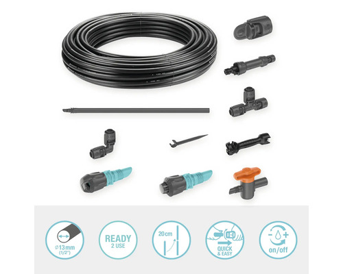 Gardena Micro-Drip-System s kvapkovou rúrkou, regulačnou zátkou, koncovou zátkou, spojkou, T-kusom, kolenom, čistiacou ihlou a nástrojom