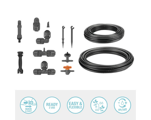 Záhradná zavlažovacia súprava s kvapkovacími hadicami, spojkami, regulačnými ventilmi a montážnou pomôckou