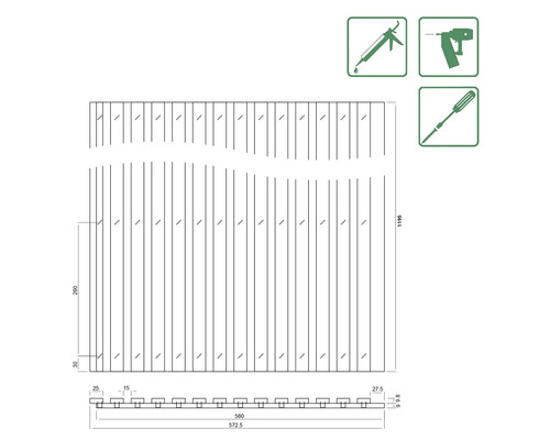 Technický nákres zásteny s rozmermi a montážnymi symbolmi