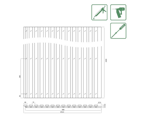 Technický nákres obkladu fasády s rozmermi a symbolmi nástrojov