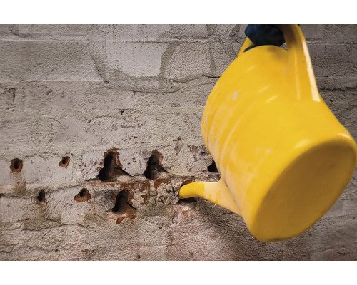 Žltá kanva zavlažuje tehlovú stenu.