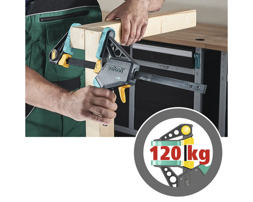 Osoba používa jednoručnú svorku Wolfcraft na stlačenie dvoch kusov dreva dohromady. Pečať ukazuje nosnosť 120 kilogramov.