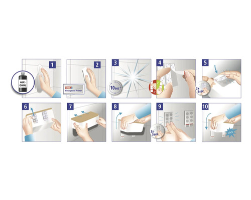 Podrobný návod na montáž police pomocou lepiacich prúžkov na obkladanú stenu