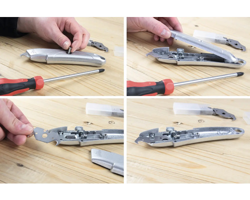 Viacdielny obrázok rezacieho noža zostaveného skrutkovačom na drevenom stole.