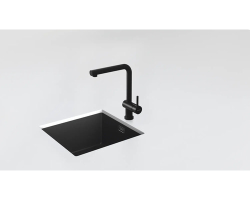 Čierny kuchynský drez s batériou