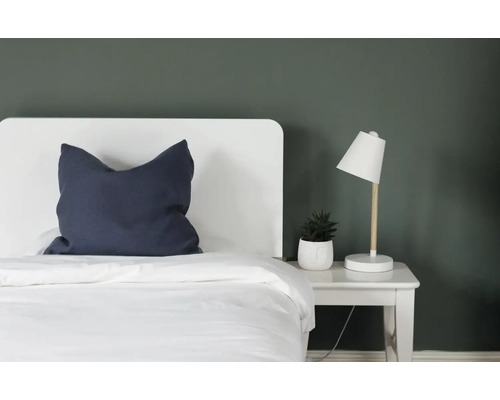 Spálňa s posteľou, nočnou lampou a izbovou rastlinou