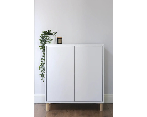 Biela skrinka s dvomi dvierkami a drevenými nohami