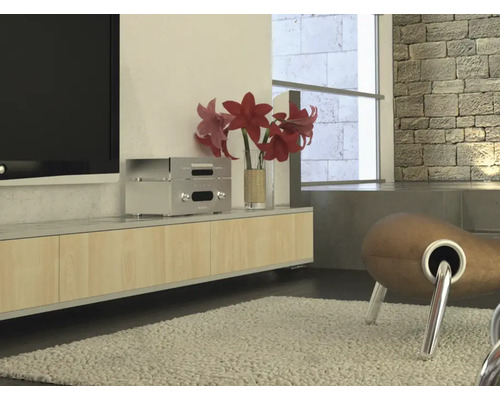 Obývacia izba s nízkou skrinkou, elektronickými zariadeniami a dekoráciou