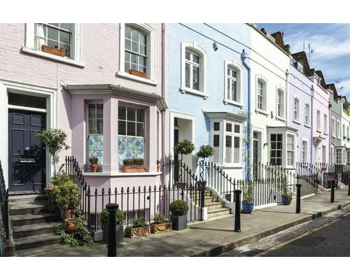 Rad mestských domov s predzáhradkami a schodiskami