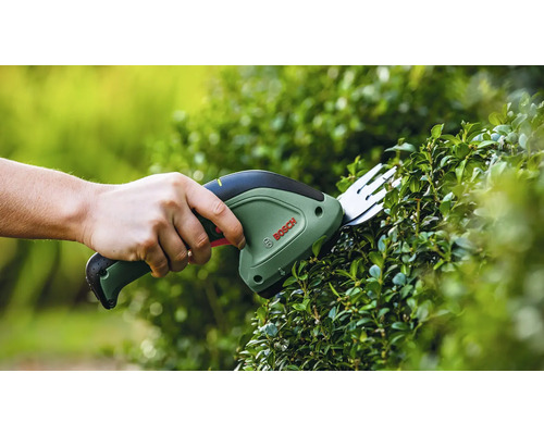 Osoba strihá živý plot nožnicami na kríky Bosch.