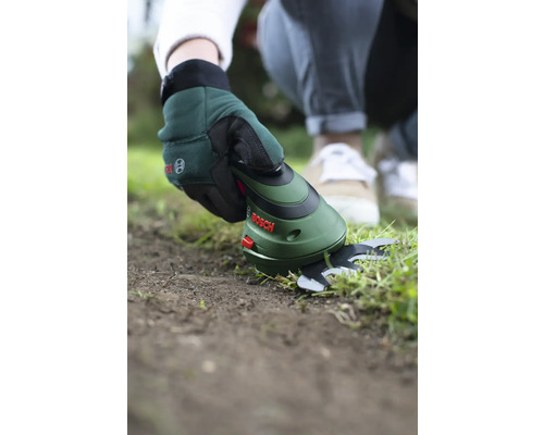 Záhradné nožnice na strihanie okrajov trávnika s rukavicami a logom Bosch