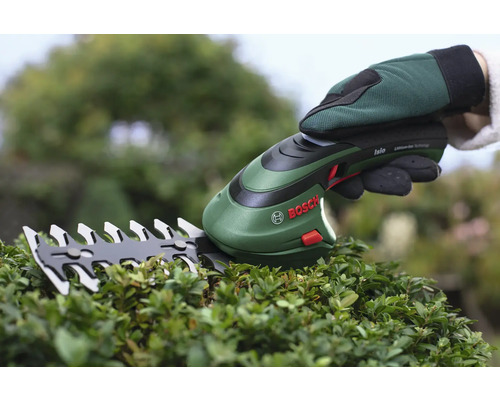 Logo spoločnosti Bosch. Ruka v záhradnej rukavici drží akumulátorové nožnice na trávu nad kríkom.