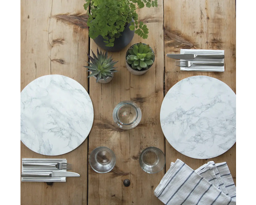 Dekoratívny stôl s mramorovými prestieraním, príbory, pohármi a hrnkovými rastlinami