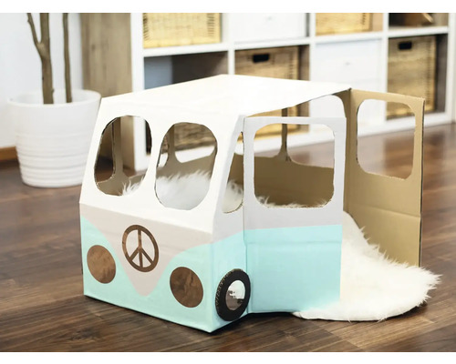 Hrací domček z kartónu v dizajne hippie dodávky