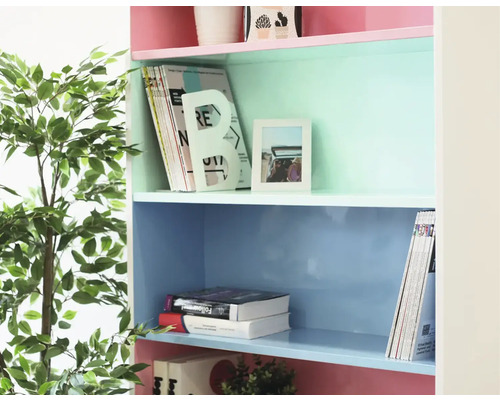 Regál s niekoľkými policami a dekoratívnymi predmetmi.