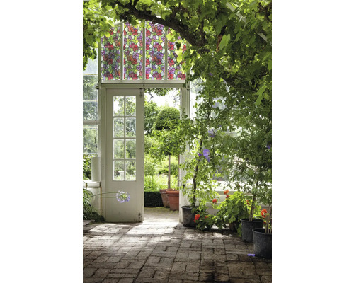 Scéna so skleníkom, rastlinami a ozdobnou okennou fóliou s kvetinovým vzorom