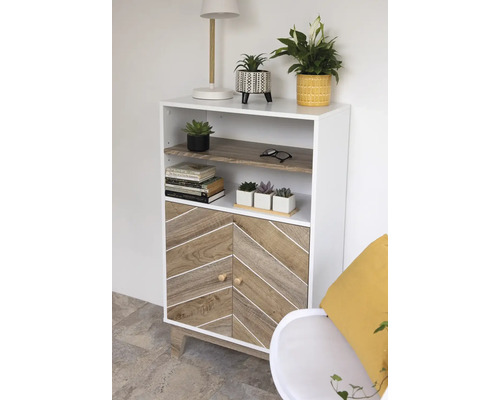 Moderný regál s dvomi dvierkami, otvorenými priehradkami a dekoráciou