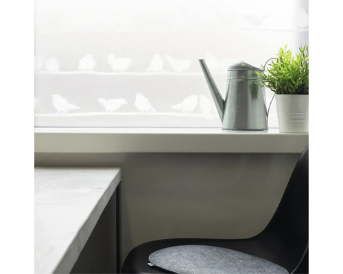 Ozdobné okno s motívom vtákov, krhlou a rastlinou vo svetlej miestnosti.