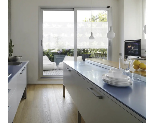 Svetlá kuchyňa s kuchynským ostrovom, riadom a výhľadom na terasu so sedacími vakmi