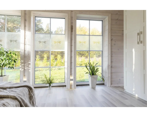 Svetlá miestnosť s okennou fóliou s motívom vážky na dekoráciu okien.