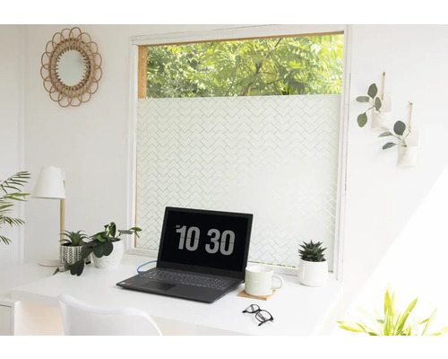 Svetlý pracovný priestor so stolom, notebookom, rastlinami a okennou fóliou pre väčšie súkromie.