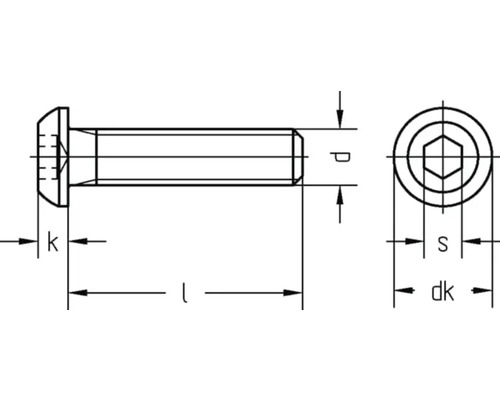 Technický nákres skrutky s valcovou hlavou a vnútorným šesťhranom