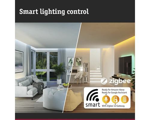 Obývacia izba s inteligentným osvetlením, ovládateľná pomocou Zigbee 3.0 Gateway a kompatibilná s Amazon Alexa a Google Assistant.