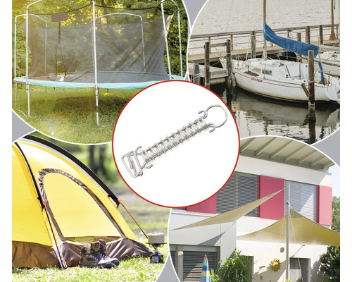 Príklady použitia ťažnej pružiny s kruhovými okami pre trampolínu, stan, slnečnú plachtu a loď