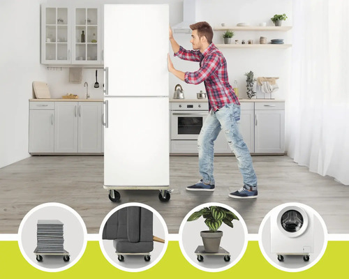 Muž tlačí chladničku na nábytkovom koliesku vo svetlej kuchyni. Príklady použitia s práčkou, rastlinami a stoličkami.