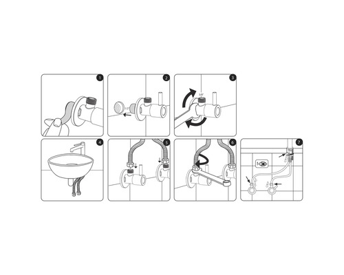 Montážny návod pre umývadlo s rohovými ventilmi v siedmich krokoch