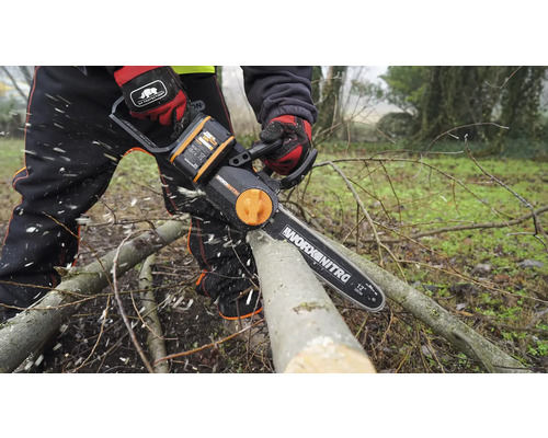 Osoba pília konár akumulátorovou reťazovou pílou Worx Nitro.