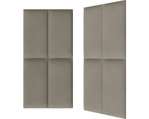 Dva obdĺžnikové stenové panely s polstrovaným povrchom, každý rozdelený na štyri štvorce, na dekoráciu stien