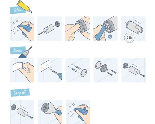 Ilustrácia montážneho návodu s lepením, skrutkovaním a jednoduchým odstránením