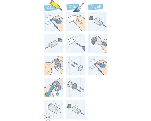 Návod na montáž príslušenstva pomocou lepenia, skrutkovania alebo jednoduchého odobratia