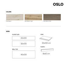 Farby a veľkosti dlaždíc Oslo: buk, svetlý orech, tmavý orech, 20x120, 30x120, 40x120 centimetrov